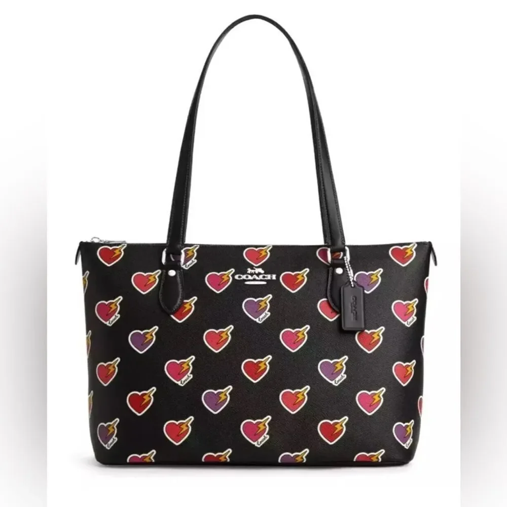 🔥🎁NWT! Coach Gallery Tote Bag with Heart Bolt Print Black Multi Msrp:$378.00